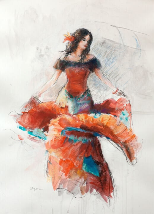 Watercolor — a young dancer in red mid-turn, skirt in motion