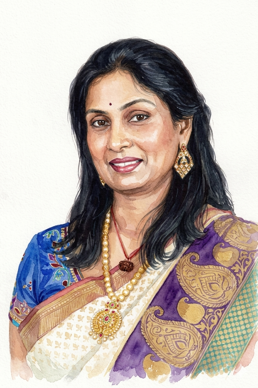 Guru Indira Sreeram Leela — watercolor portrait in a paisley-bordered sari with gold jewelry