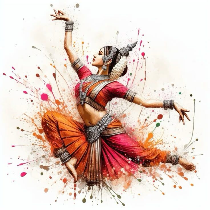 Watercolor — a classical Kuchipudi dancer mid-movement in orange and crimson, jewelry and headpiece in full detail