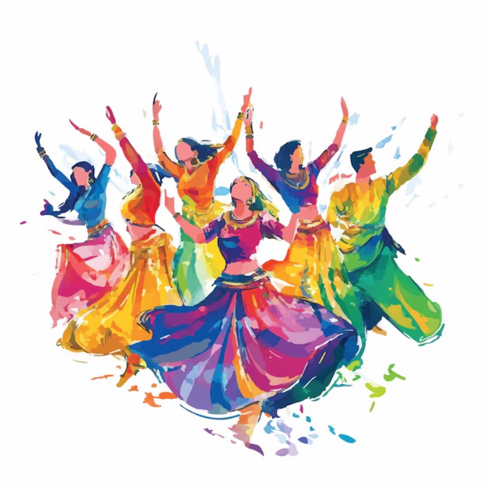 A joyful group of dancers celebrating together, arms raised in festive, colorful movement
