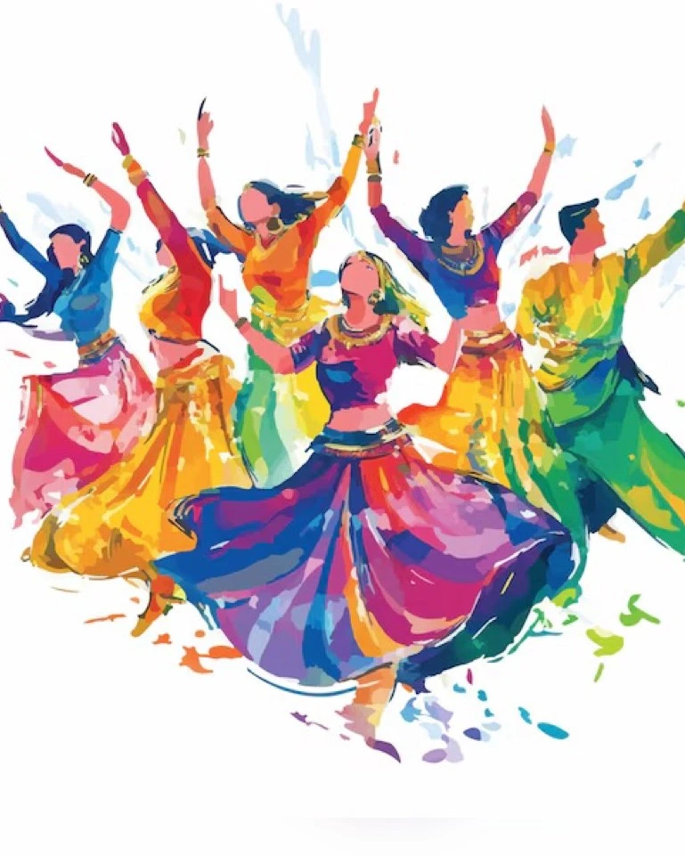 A joyful group of dancers celebrating together, arms raised in festive, colorful movement