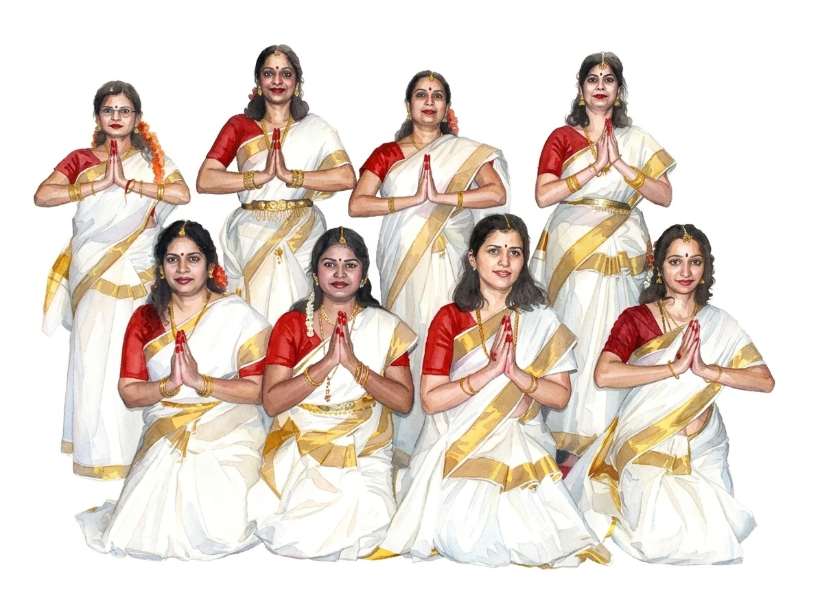 Watercolor — dancers in white and gold saris, hands folded in namaste